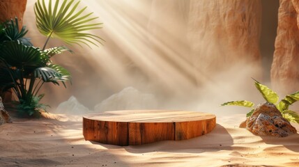 A serene desert scene with a wooden platform surrounded by lush green plants and sun rays filtering through, creating a tranquil atmosphere