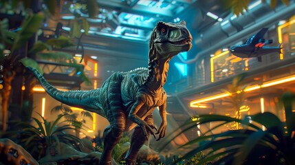 Velociraptor in a modern futuristic cityscape with glowing neon lights. Velociraptor blends into an advanced cityscape with sleek buildings.