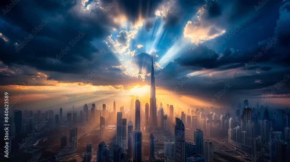 Poster a cityscape at dusk with rays of sunlight breaking through dark clouds, casting a dramatic and ether