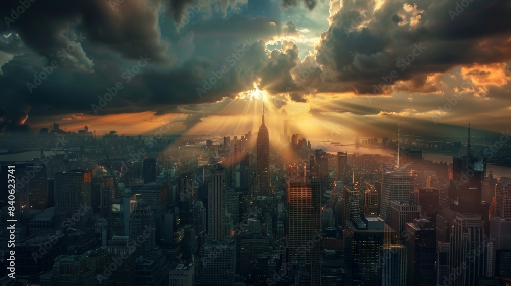 Poster a cityscape at dusk with rays of sunlight breaking through dark clouds, casting a dramatic and ether