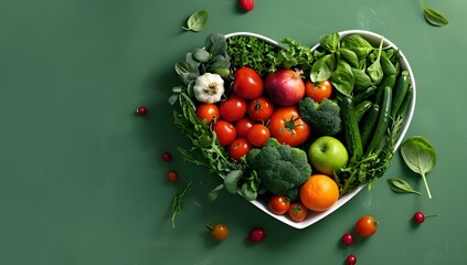 Top view of heart shape bowl with fresh vegetables and fruits on green background, concept for healthy eating or dieting