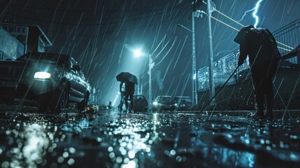 Labour work on construction side in Havey Rain Construction worker is standing in the rain in front of large construction vehicle