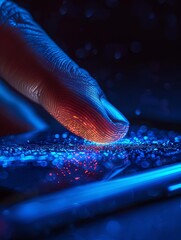 Finger touching a phone screen with a fingerprint scanner.