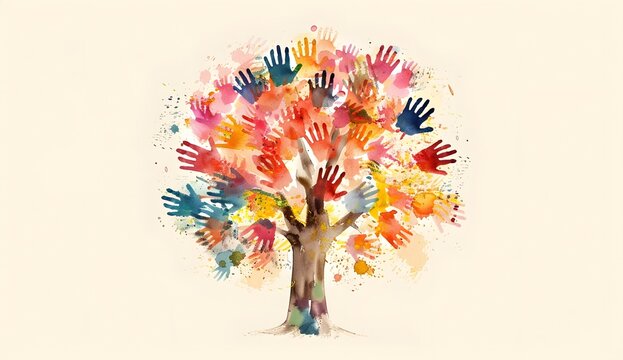 Tree made of colorful handprints, symbolizing unity and diversit, in the watercolor illustration style. The concept represents the idea that each person's unique experience