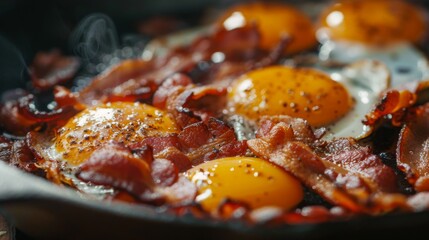 A close-up of a cast iron skillet filled with sizzling bacon and eggs, with the golden yolks and crispy edges creating a mouth-watering breakfast scene