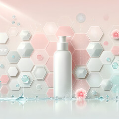 Obraz premium Elegant Minimalistic Design with Hexagonal Patterns and Water Droplets on Soft Pink and White Background