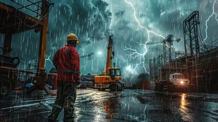 Labour work on construction side in Havey Rain Construction worker is standing in the rain in front of large construction vehicle