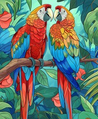 Fototapeta premium Two vibrant parrots perched on a branch amidst lush jungle foliage.
