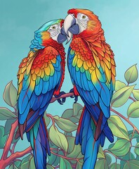 Obraz premium Two vibrant macaws perched together on a branch, surrounded by lush leaves and a soft blue backdrop.