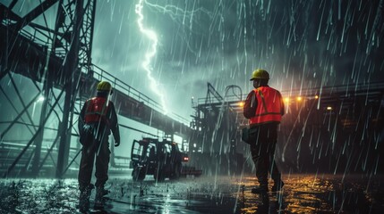 Labour work on construction side in Havey Rain Construction worker is standing in the rain in front of large construction vehicle