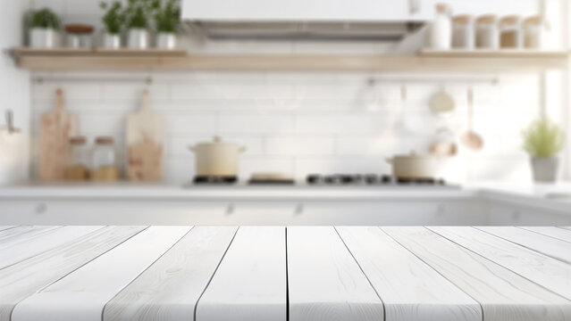 Wei&szlig;er Holztisch mit unscharfem Hintergrund einer modernen K&uuml;che mit K&uuml;chenutensilien, Pflanzen und Gew&uuml;rzdosen, Konzept f&uuml;r Produktpr&auml;sentation