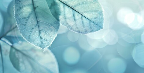 Obraz premium abstract background. White tone Closeup of a leaf with a white blurred nature background. Simple banner design. Blurred background, in the style of bokeh