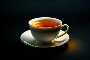 Obraz premium Elegant tea cup with golden details on dark background.