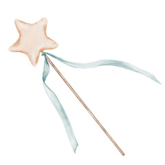 Watercolor cake topper. Cute stick with star and ribbon hand drawing. Clip art isolated birthday cake decoration. Ideal for cards and cupcake decorations