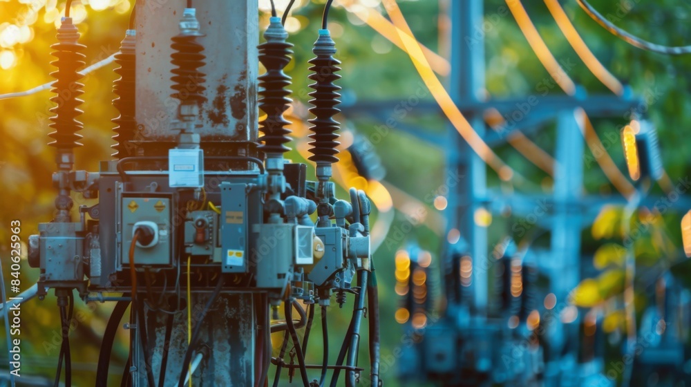 Poster A close-up of a utility pole with transformers and insulators, highlighting the complexity and importance of electrical distribution systems
