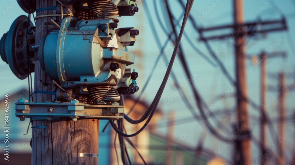 Fototapete A close-up of a utility pole with transformers and insulators, highlighting the complexity and importance of electrical distribution systems