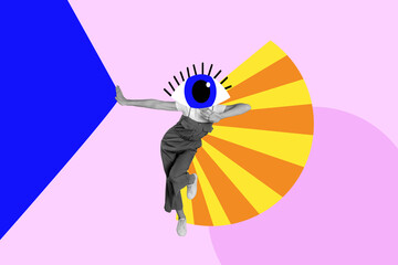 Creative trend collage of funny dancing female big eye instead head have fun discotheque weird freak bizarre unusual fantasy