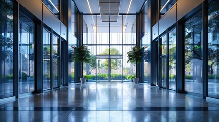 Modern Corporate Office Lobby with Glass Facade and Green Plants