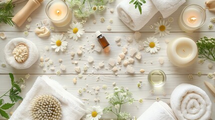 Beautiful spa treatment composition such as Towels, candles, essential oils, Massage Stones on light wooden background. blur living room, natural creams and moisturizing Healthy lifestyle, body care