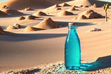 Bottle of water in desert : AI Generative, not upscale