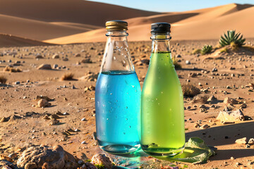 Bottle of water in desert : AI Generative, not upscale