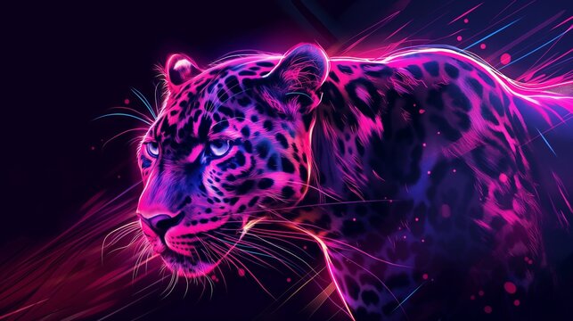 A luminous neon leopard in vivid colors against a dark background with abstract light streaks.