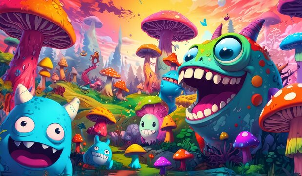 crazy funny scary monsters cartoons psychedelics - generative ai
