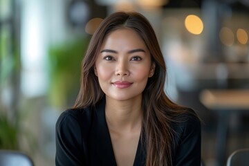 Obraz premium Portrait of filipina woman beautiful business leader, in modern bright office boardroom, professional atmosphere, leadership, diverse workplace, corporate setting.