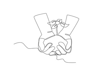 Continuous one line drawing of Hand holding a tree, international tree concept. Modern continuous line draw design graphic vector illustration
