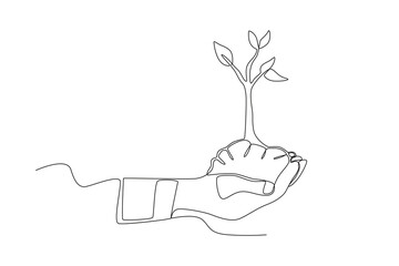 Continuous one line drawing of Hand holding a tree, international tree concept. Modern continuous line draw design graphic vector illustration
