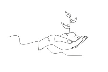 Continuous one line drawing of Hand holding a tree, international tree concept. Modern continuous line draw design graphic vector illustration
