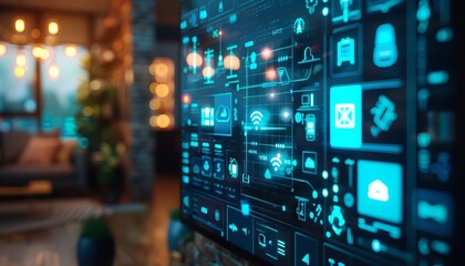 Closeup of smart home control panel, connected devices, showcasing home automation.