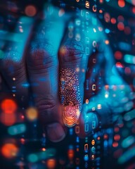 Close-up of a fingertip with glowing digital patterns.