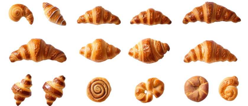 Almond Danish croissant desserts set collection. French flair or breakfast treats. top view / flat lay. design elements.