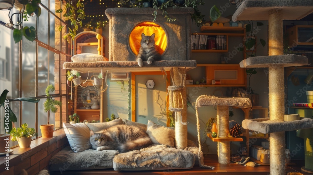 Poster A cozy indoor scene with a cat lounging in a multi-level cat tree, showcasing various nooks and platforms for play and relaxation