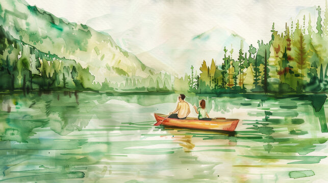 Couple enjoying a paddleboat ride on a serene lake, watercolor scene capturing summer relaxation 