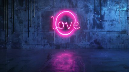 neon love sign in soft pink light against a dark urban background, glowing text creating romantic and modern ambiance, perfect for nightlife venues, romantic advertisements, urban art and sex shops.