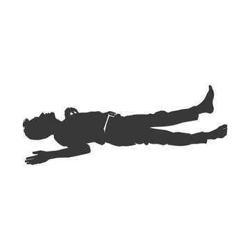 Silhouette of a person in Supta Matsyendrasana yoga pose, flat on back, leg raised, isolated.