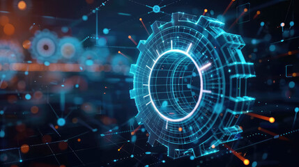 Obraz premium Engineering project development illustration with a wireframe gear. Highlighting mechanical technology and business planning on a dark blue background.