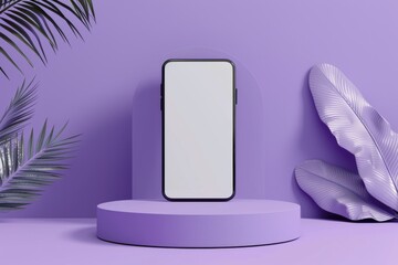 3D rendering of a smartphone mockup with a purple background and plants