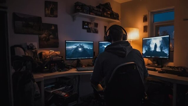Young gamer seen from behind wearing headphones in his dark room playing video games on the computer video animation