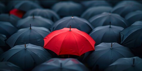 red umbrella standing out from the crowd of black umbrellas, symbolizing different thinking and unique ideas in business