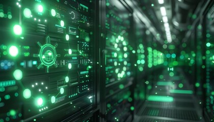 Fototapeta premium Server room with glowing green lights, closeup, digital overlay of antivirus protection symbols.
