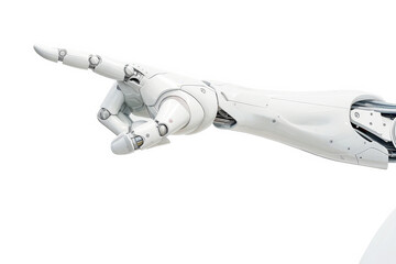 Close-up of a robotic hand pointing, with a white background.