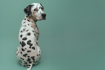 A Dalmatian dog sits against a pastel green background, looking back over its shoulder, showcasing its iconic black spots and curious expression.