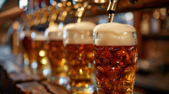 Several frothy beer steins being poured from taps create a festive and lively bar scene, evoking camaraderie and joy among friends.