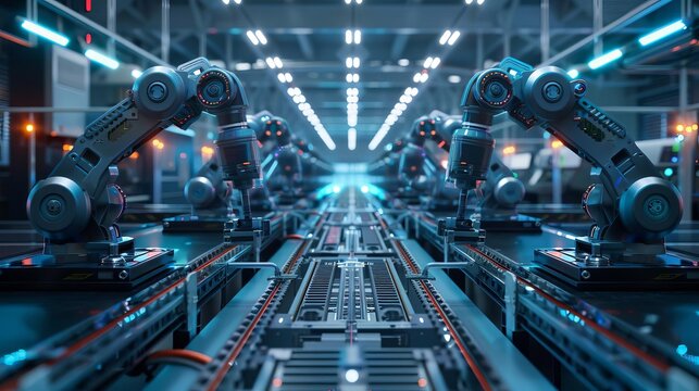 A smart factory floor with robotic arms assembling products, AI monitoring systems