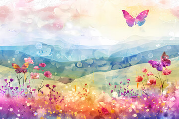This vibrant illustration features butterflies fluttering over a dreamlike hillscape, with digital watercolor adding depth and mystery to the dreamscape
