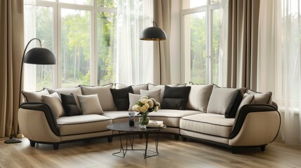 Fototapeta premium Elegant Beige and Black Corner Sofa with Wooden Flooring, Light-Colored Walls, and Sunlit Windows, Enhanced by Fresh Flowers on the Coffee Table