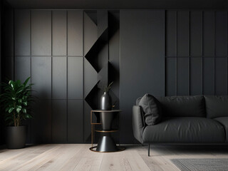 Modern dark home interior background, wall mock up, 3d render